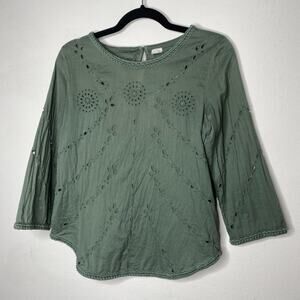 Gap Olive Green Embroidered Eyelet 3/4 Sleeve Crew Neck Blouse Top XS
